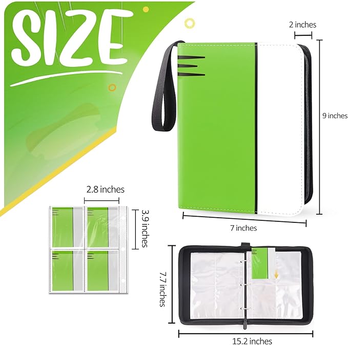 Card Binder 4 Pocket, Collectible Trading Card Albums Fits 400 Cards with 50 Removable Sleeves, Portable Trading Card Binder Collection Album Holder, Game Card Case book With Zipper for Gifts, L-Green