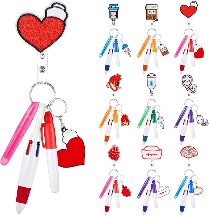 Henoyso 54 Pcs Nurse Badge Reel Pens Mini Highlighter Pens Bulk Nursing Week Appreciation Gifts Badge Accessories Retractable for Cna Medical Assistant Christmas Women (Stylish)
