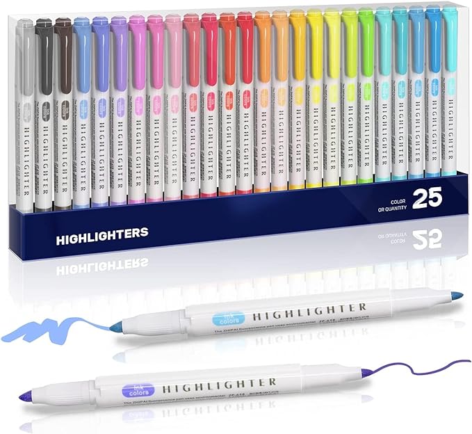 YOOUSOO 25 Pack Pastel Highlighters Assorted Colours, Dual Tip Bible Highlighter, Chisel Tip Mild Highlighters No Bleed Fluorescent Highlighter Pens for School Student Office Journals