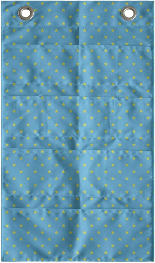 Ambesonne Stars Hanging Pocket Organizer, Continuous Abstract Pattern of Mini Star Motifs Geometric Elements, Printed Polyester Storage Bag with Pockets, 21" x 31", Sky Blue Yellow Green