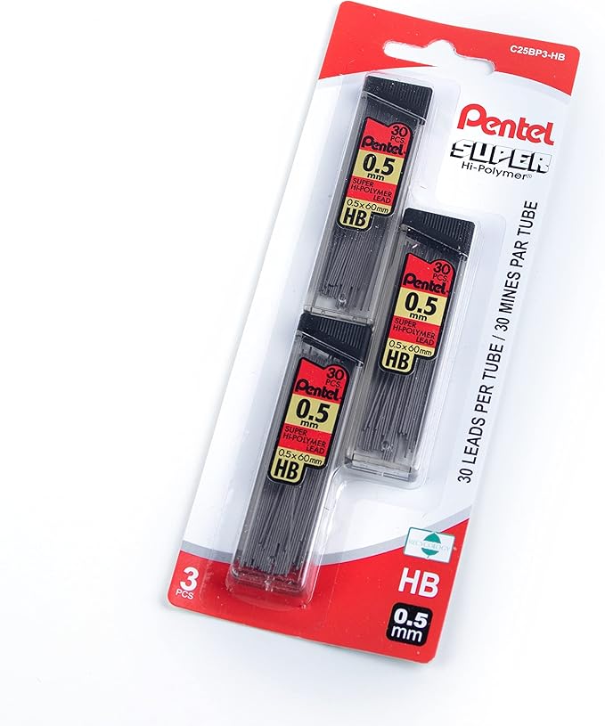 Pentel Super Hi-Polymer Lead Refill (0.5mm) Fine, HB, 30 pieces per Tube, 90 Count