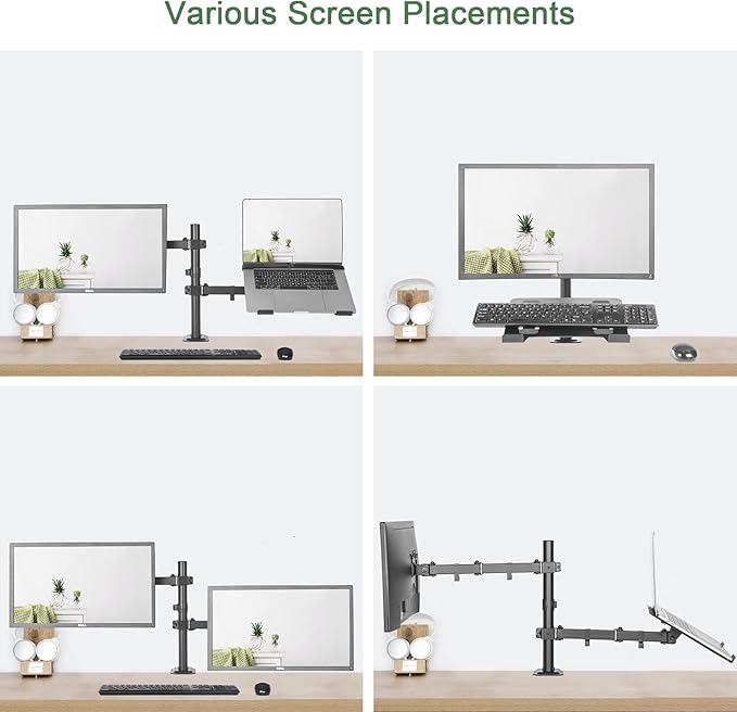 Monitor and Laptop Mount, Monitor Arm with Vented Tray for 13" to 27" LCD Computer Screens and Notebook up to 17 inch, Fully Adjustable Laptop Mount Stand Holds up to 17.6lbs