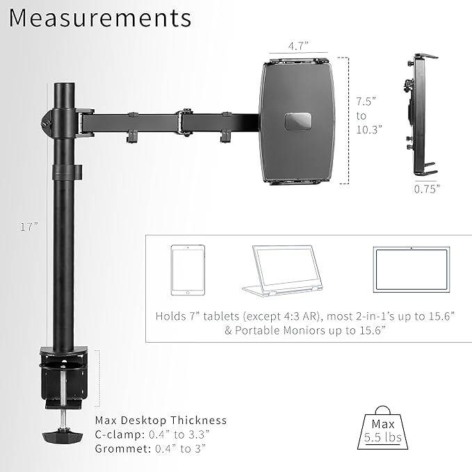 VIVO Universal Tablet Desk Mount, Single Arm Adapter for 2-in-1 Laptops, Holds up to 15.6 inch Portable Monitors Without VESA Holes, Fully Adjustable Stand, Black, STAND-V001UVM
