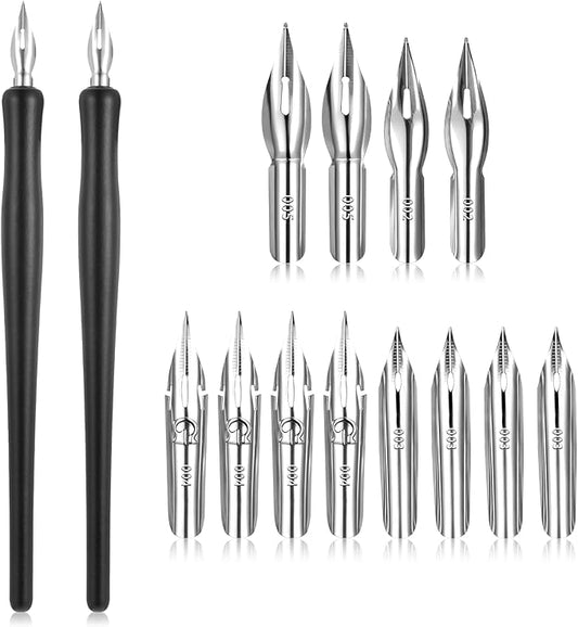 14 Pcs Dip Pen Set Comic Pen Nib Set 12 Stainless Steel Pens Nibs with 2 Wooden Drawing Pens Holder G-Pen Ink Nib for Calligraphy, Comics, Signatures, Drawings (Black)
