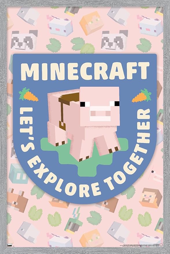 Trends International Minecraft - Let's Explore Together Wall Poster, 22.4L x 14.7W, Gray Framed Version
