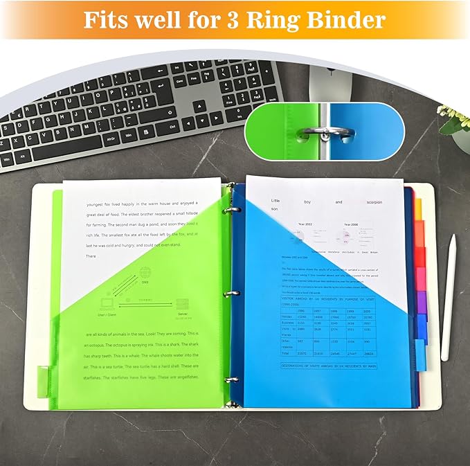 8-Tab Dividers for 3 Ring Binder, 48 Count Binder Dividers with Pockets, Subject Dividers, 3-Hole Plastics Sheets Protectors for US Letter Size in 0.5", 1",2" Binders, Vibrant 8 Color, 6 Packs
