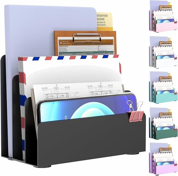 Mail Organizer Countertop, Small Desk File Organizer, Metal File Holder - Essential Workspace Organizers for Office Desk, Home Office (Black)
