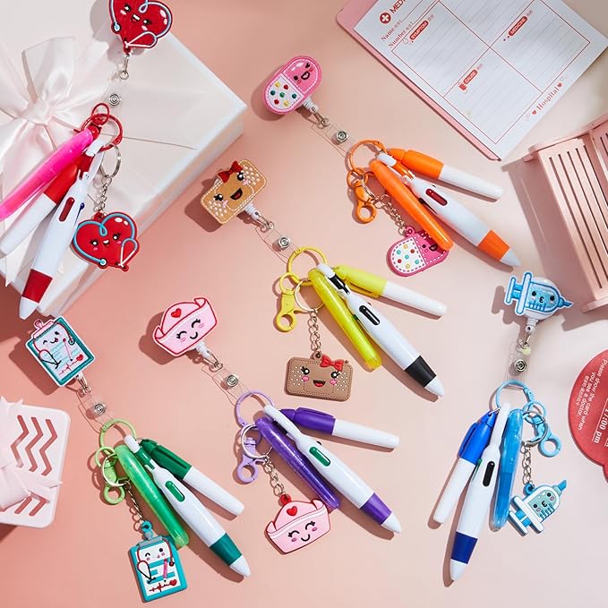 Henoyso 36 Pcs Nurse Badge Reel Pens Mini Highlighter Pens Bulk Nursing Week Appreciation Gifts Badge Accessories Retractable for Cna Medical Assistant Christmas Women (Classic)