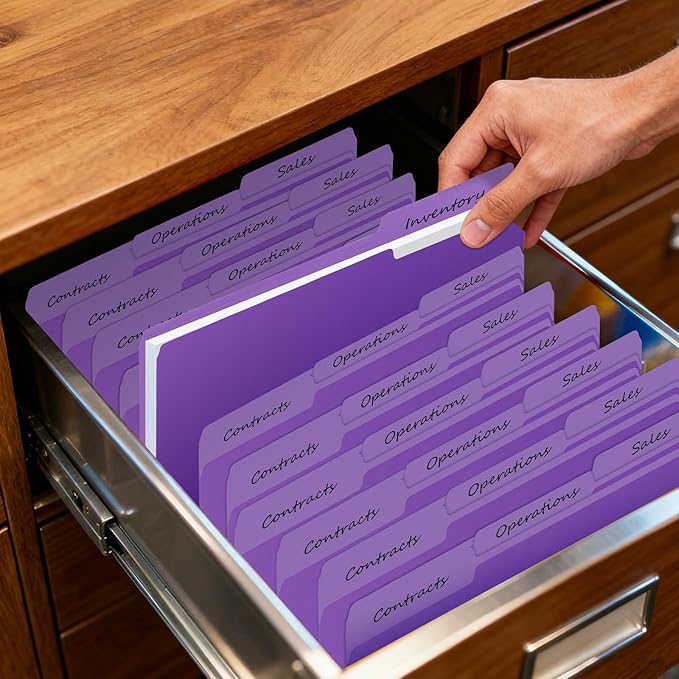100-Pack Color File Folders, 1/3 Cut Tab, Letter Size Manilla Folder for School/Office/Classroom, Purple