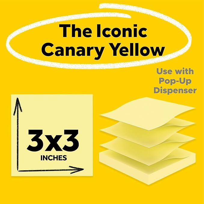 Post-it Dispenser Pop-up Notes, 3x3 in, 5 Pads, Canary Yellow, Clean Removal, Recyclable