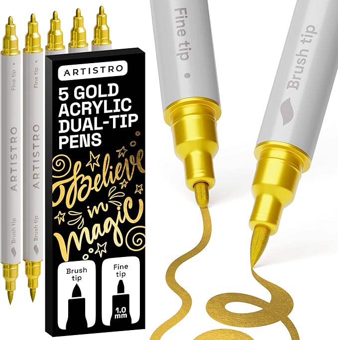 ARTISTRO 5 Gold Acrylic Paint Markers - Paint Pens for Calligraphy, Brush + Fine Tips - For Fabric, Rock, Glass, Wood, DIY, Craft, Canvas - Art and Craft Supplies for Adults, Teens, Kids