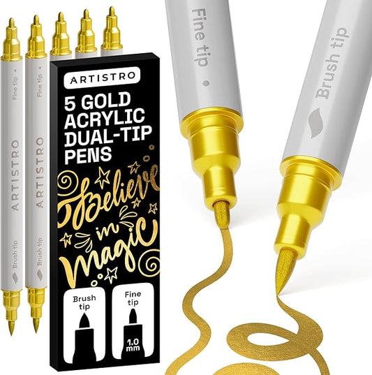 ARTISTRO 5 Gold Acrylic Paint Markers - Paint Pens for Calligraphy, Brush + Fine Tips - For Fabric, Rock, Glass, Wood, DIY, Craft, Canvas - Art and Craft Supplies for Adults, Teens, Kids