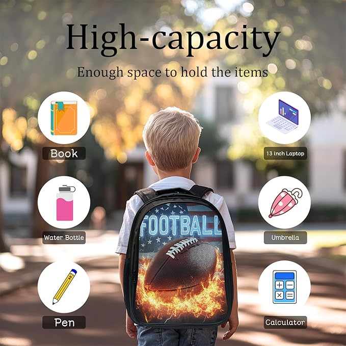 Football Backpack Set 3 Piece School Bags and Lunch Box with Pencil Case American Flag Football Bookbag Set for Toddler Kids Girls Boys Teens Kindergarten Elementary Middle