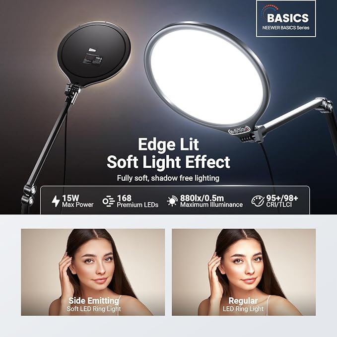 NEEWER Basics 2 Pack 10.5" Streaming Key Lighting, 3000-6500K 15W Full Screen LED Panel Ring Light with Adjustable Arm Stand Desk Clamp Timer for Laptop Computer Video Conference Zoom Makeup, R10