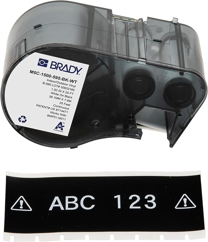 Brady Authentic (M5C-1500-595-BK-WT) All-Weather Vinyl Labels 1.5 in W x 25ft White on Black. for use with BMP51, M510, and M511 Label Printers.