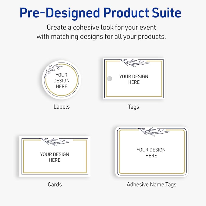 Avery Printable Adhesive Name Tags, 2-1/3" x 3-3/8", Matte White with Gold & Navy Border, Removable, Laser & Inkjet Compatible, 80 Total, Great Name Badges for Weddings & Events