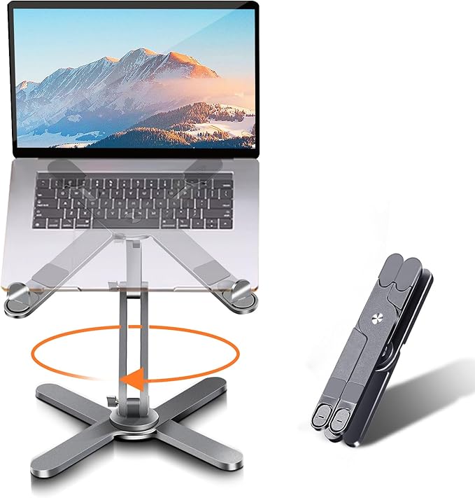 Laptop Stand with 360 Rotating Base, Computer Notebook Laptop Riser Metal Holder for Desk Collaborative Work, Fully Foldable for Easy Storage, Fits All MacBook, Laptops up to 16 inches, Grey