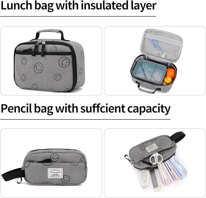 Backpack for Girls Boy Teen Corduroy Bookbags Elementary Middle High School Women Laptop Bag with Lunch Box Pencil Bag (Smile Grey)