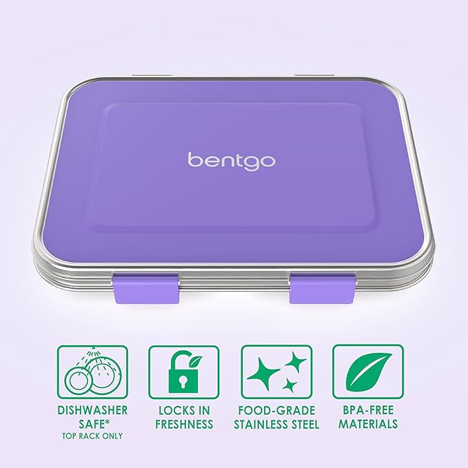 Bentgo Kids Stainless Steel Leak-Resistant Lunch Box - 3-Compartments with Bonus Silicone Container, Durable, Eco-Friendly, Dishwasher Safe, BPA-Free, Ideal for School, Ages 3+ (Purple)