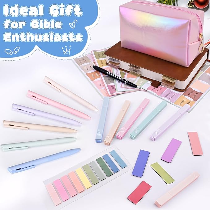 25Pcs Bible Journaling Kit, 6 No Bleed Bible Highlighters, 6 Color Pens, 90 Laminated Bible Tabs, Magnetic Bookmarks, Sticky Notes, Bible Study Supplies, Bible Study Kit for Women
