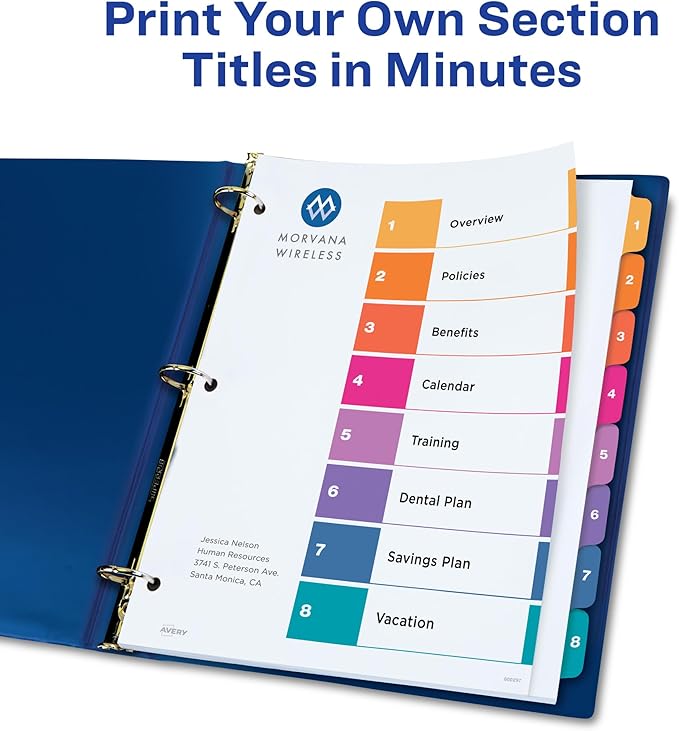 Avery Extra-Wide Dividers for 3 Ring Binders, 8 Tabs per Set, Customizable Table of Contents, Multicolor Tabs, Works Great with Sheet Protectors (11163)
