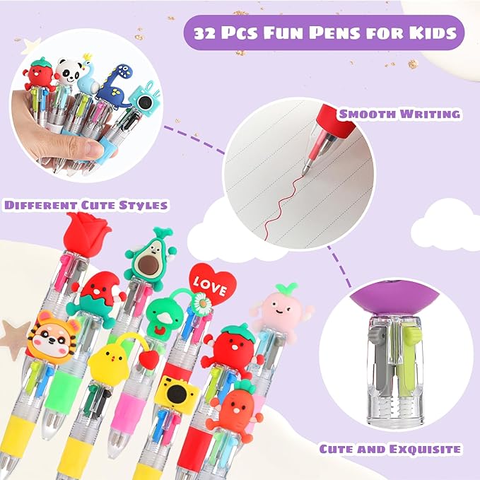 BESARME 32 Pcs Fun Pens, Multicolor Pens in One 4-in-1 Cute Pen Bulk Party Favors for Birthday Prizes Gifts for Kids Classroom