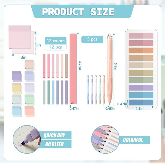Jutom 39 Pcs Aesthetic Book Annotation Kit Highlighter with Pencil Case Bag Gel Pen Transparent Sticky Note Taking Bible Study College School Supplies(White,Classic Style)