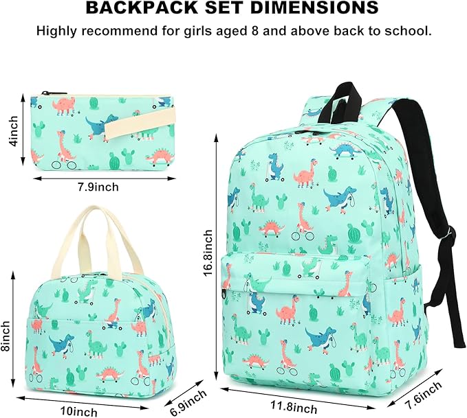 Dinosaur Girls Backpack for School, Kids Elementary School Bag Teens Middle Bookbag Set with Lunch Box Pencil Case (Green)