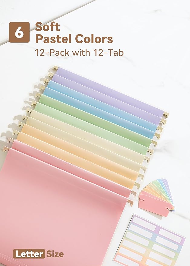 Plastic Hanging File Folders, Sturdy & Tear-Resistant, Letter Size, 12 Pack with Insertable 1/5-Cut Tabs, Pastel Colors