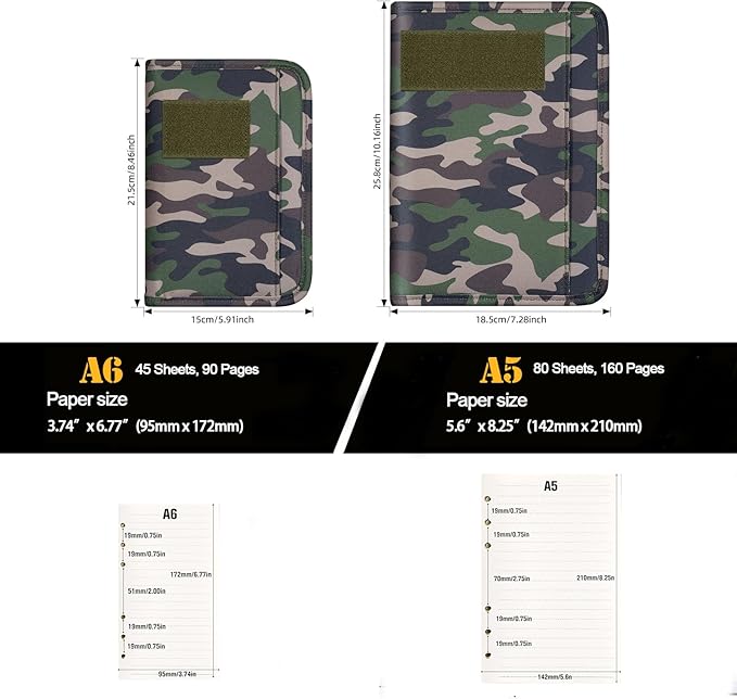 Kosibate Padfolio Ring Binder with 80 Sheets 160 Pages of Loose-Leaf Paper, Weatherproof Notebook Cover, Tactical Notebook with Zippered for Folders,Refillable 6-Ring Notepad(Camouflage,7.3"x10.1")