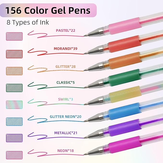 312 Pack Gel Pens for Adult Coloring Book, 156 Colors Artist Colored Pens with 156 Refills & Coloring Book, Glitter Gel Pen for Coloring Drawing Writing Doodle Journaling Planner Art Craft