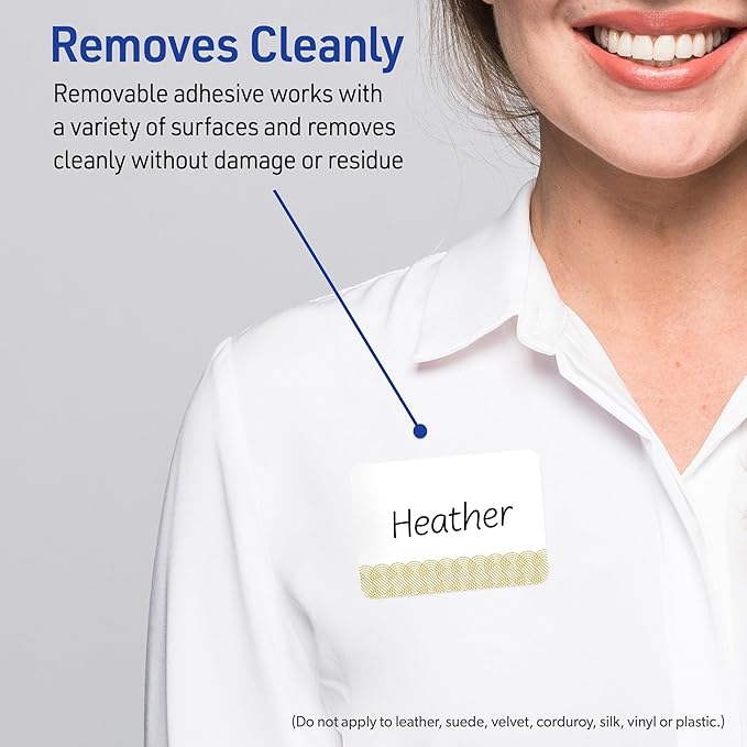 Avery Printable Rectangle Adhesive Name Badges, Pre-Printed Gold Lace Trim Pattern, Matte White, 2-1/3" x 3-3/8", Laser & Inkjet Compatible, 80 Total, Great for Branding, Marketing, and Events
