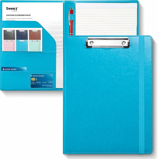 Sooez Padfolio Clipboard, Portfolio Organizer with Notepad, Premium PU Leather Clipboard Folder for Legal Pad, Versatile Clipfolio with Storage, Letter Size Document Holder for School Office, Sky Blue