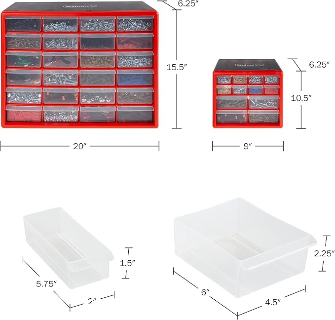 Set of Two Storage Bins with Drawers – Pair of 12 and 24 Drawer Desktop or Wall Mount Plastic Tool Organizers for Hardware or Crafts by Stalwart (Red)