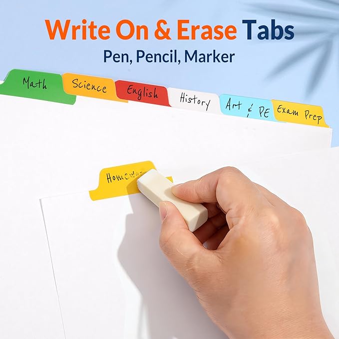 SUNEE Binder Dividers with Colorful Write On & Erase Tabs for 3 Ring Binder, 8.5 x 11 Paper White Reusable Dividers Blank with 8 Tabs, 12 Sets Page Dividers for School, Office and Home, 96 Dividers
