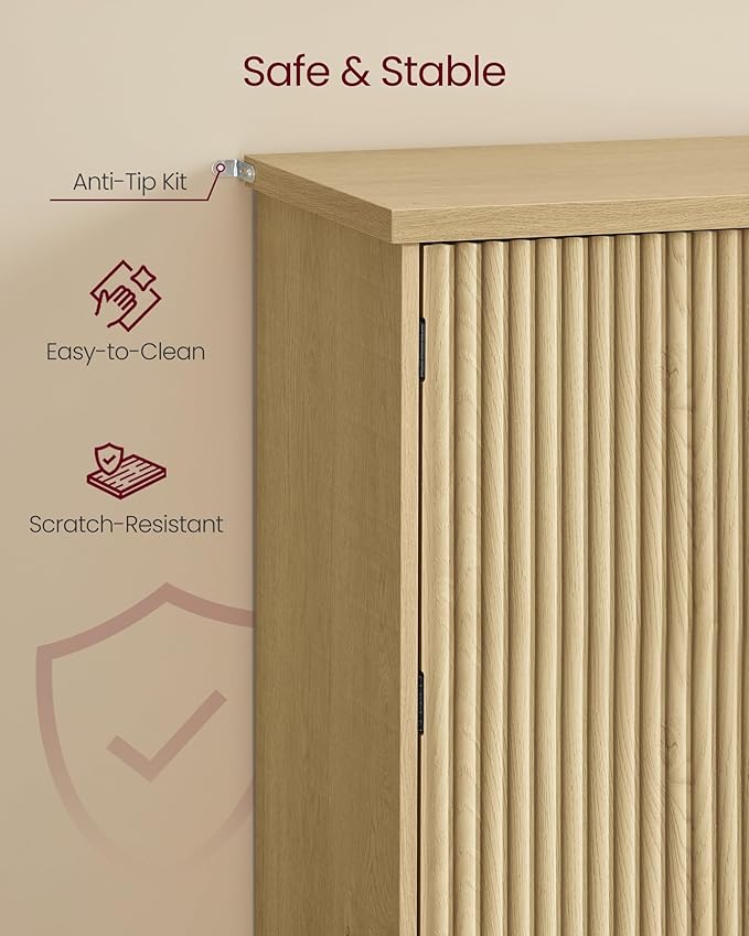 VASAGLE MAXE Collection - Pantry Cabinet, 70.6-Inch Tall Storage Cabinet with Drawer, 6 Adjustable Shelves, 2 Cabinets, Fluted Doors, Mid Century Modern, for Kitchen Living Room, Oak Beige UBBK365Y01