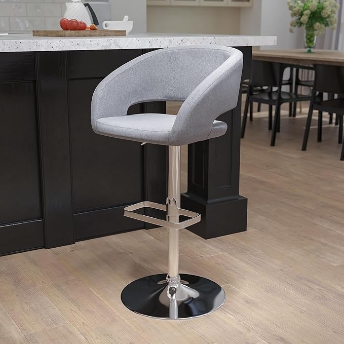 Flash Furniture Erik Contemporary Adjustable Height Barstool with Footrest and Rounded Mid-Back, Upholstered Bar or Counter Height Stool, Gray/Chrome