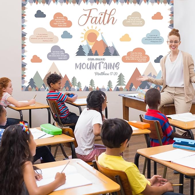 gisgfim 40Pcs Faith Can Move Mountains Bulletin Board Set Moving Mountains Bulletin Board Decor Religious Inspirational Cutouts VBS Vacation Bible School Cutouts for School Classroom Wall Decor