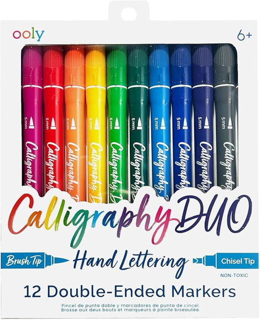 Ooly Calligraphy Duo - 12 Double Ended Calligraphy Pens for Writing & Hand Lettering, Dual Tip Pens for Beginners or Kids Includes 1 Brush & 1 Chisel Tip Pen in Classic Colors
