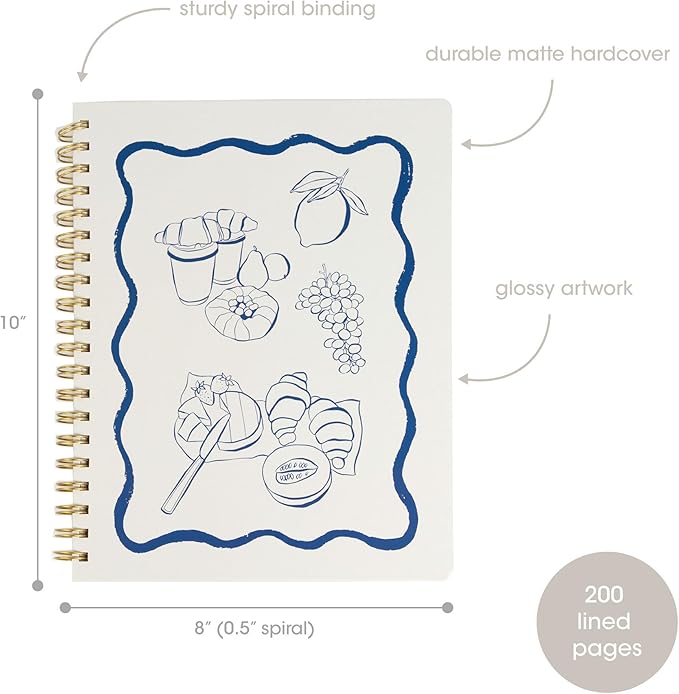Pearhead Euro Breakfast Hardcover Spiral Notebook, 8x10 College-Ruled Lined Journal with Perforated Pages, 200 Pages for Planning, Work & School