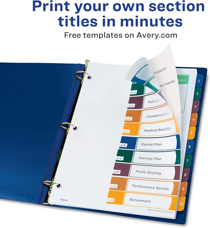 Avery Plastic 10 Tab Binder Dividers, Customizable Table of Contents, Multicolor Tabs, 1 Set (11818)