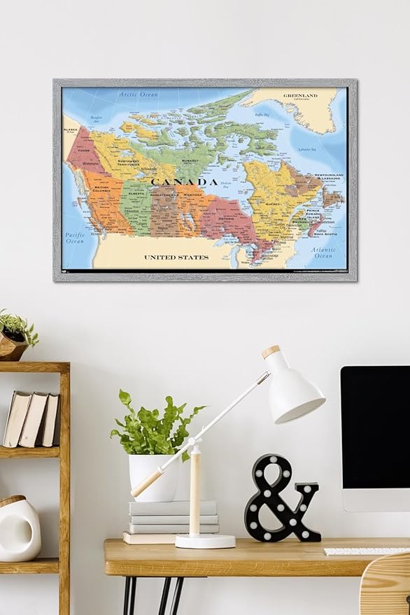 Map - Canada Wall Poster, 34L" x 22.4W", Gray Framed Version
