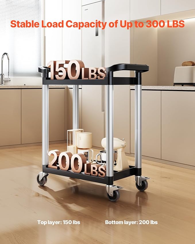 VEVOR Utility Cart, 300 lbs Load Capacity, 2-Tier Utility Plastic Cart with 360° Swivel Wheels (2 with Brakes), 24.4 x 16.1-inch Food Service Cart for Warehouse, Office, Home, Restaurant, Kitchen