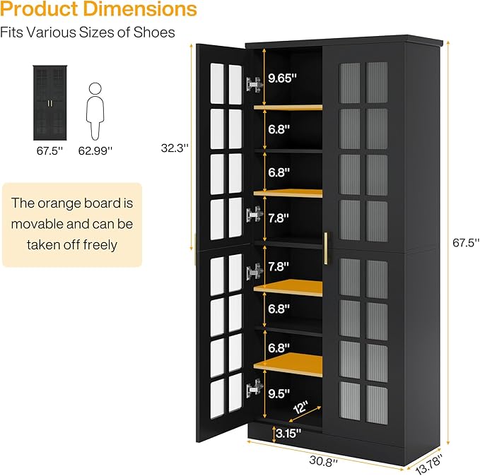 Tribesigns Tall Shoe Cabinet with Doors, 8-Tier Shoe Storage with Adjustable Shelves, Modern Shoe Organizer Shoe Rack Cabinet for Entryway, Hallway, Closet, Living Room, Black