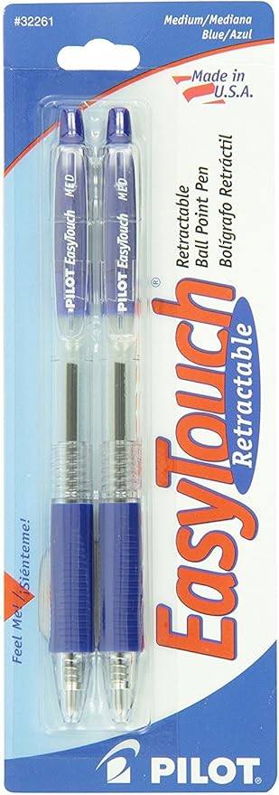 PILOT EasyTouch Retractable Ball Point Pens, Medium Point, Blue Ink, 2-Pack (32261)