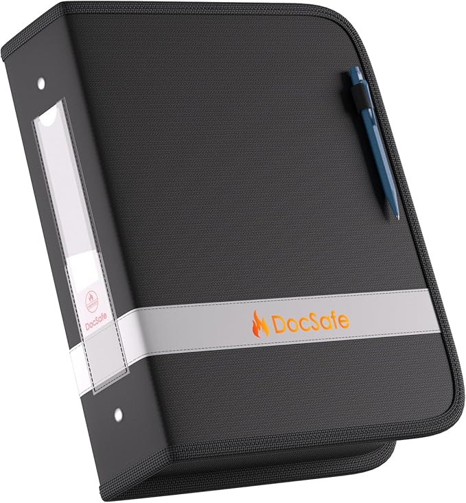 DocSafe 3 Ring Binder with Zipper,Fireproof 2 Inch Round Ring Binder with 2 Interior Pockets,PVC-Free,Portable School Office Home Safe Storage for Letter Size 8.5'' x 11'' Paper Photos Cards Black