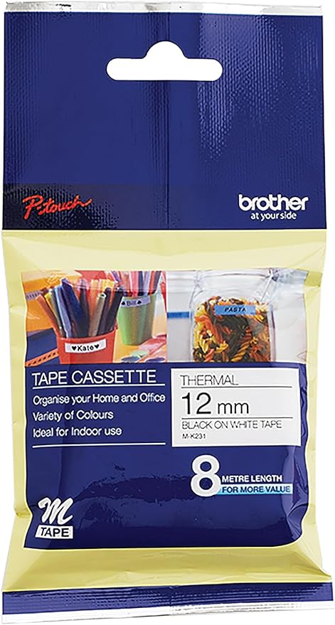 Brother Metallic Tape, 1.2 cm, Black, White, 8000 Labels, Compatible with M-K231, PT100, PT110, PT65, PT70, PT80, PT90, PT85, PT100PT110, PTBB4, Label Maker Tape
