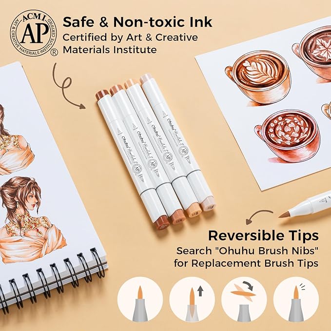 Ohuhu Alcohol Markers: Soft Chisel Red Dot Design Award Winner 24 Skin-color Brush & Soft Chisel Dual Tips Drawing Markers for Artists Beginners Adults Coloring Illustration Sketching - Honolulu S