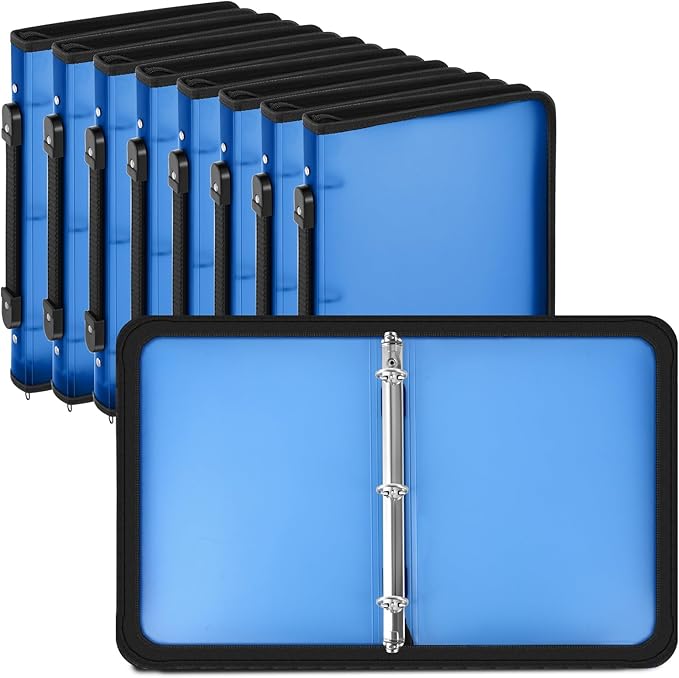 Teling 8 Pcs Plastic Zipper Binders with 3 Ring Zipper Binder, Refillable File Organizer Planner for Projects, Assignments, Memos, School Work (1 Inch,Blue)