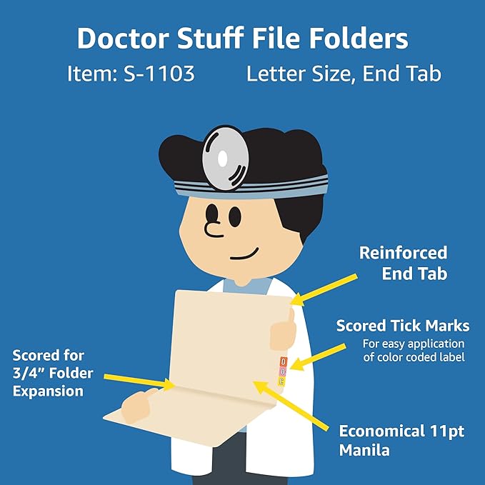 Medical File Folders, Doctor Stuff, 11 pt Manila Folders, Full Cut, 2 Ply, Letter Size, Reinforced End Tab Folders, Carton of 500